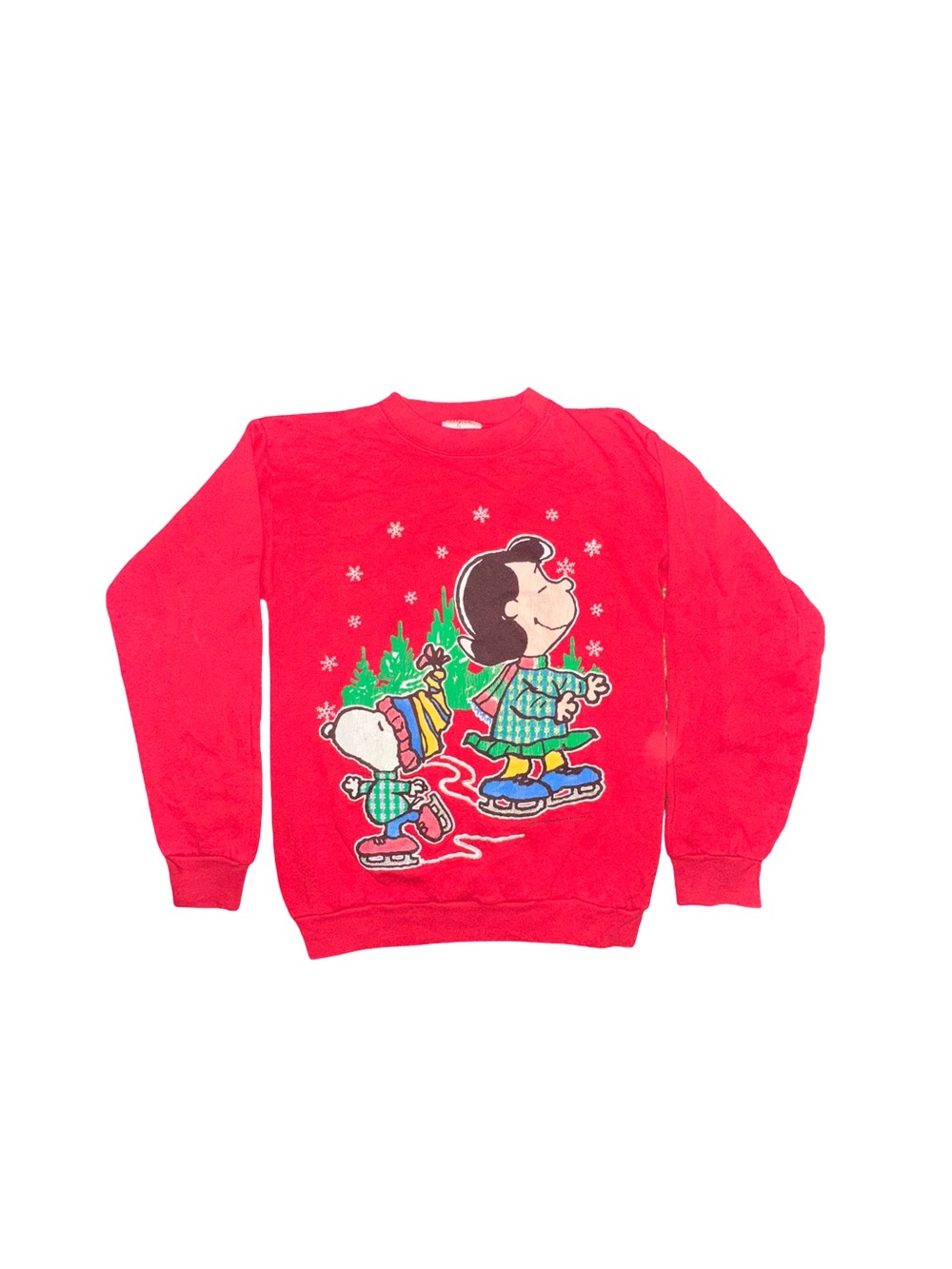 Vintage Early 90s Peanuts Snoopy Lucy Ice Skating Christmas Sweatshirt Small Red
